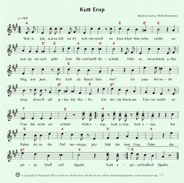 Noten Score des Ostermann Liedes Kutt Erop - mit Akkordsymbolen